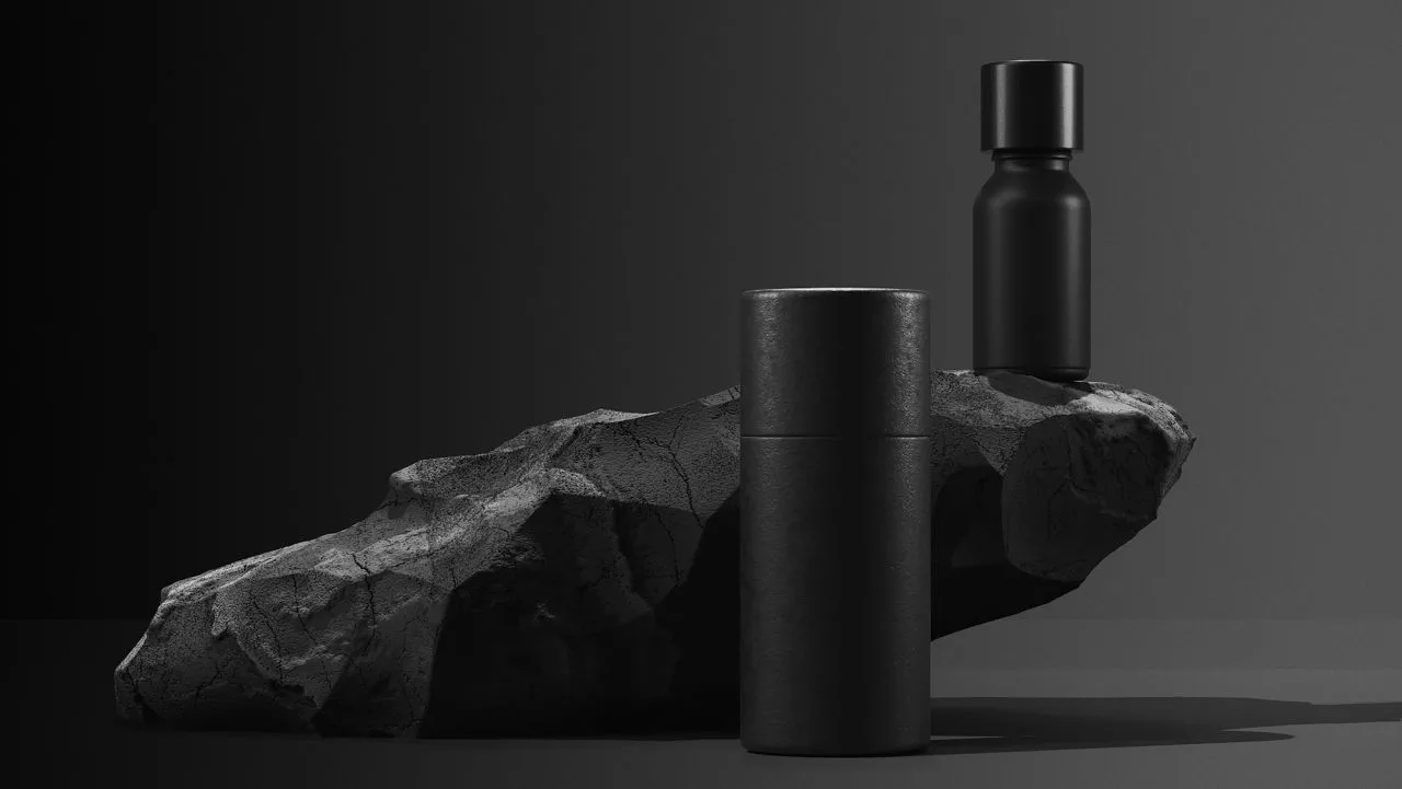 Bottle Of Essential Massage Oil On Stone Beauty Treatment Minimal Black Design Packaging Mock Up